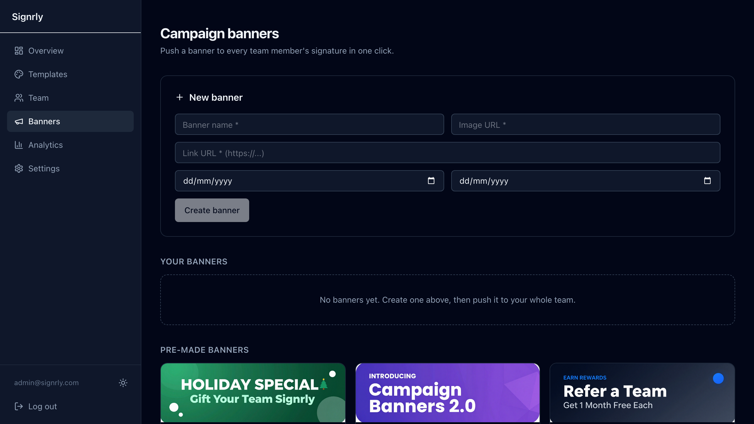 Campaign banner management — create and push promotional banners to email signatures
