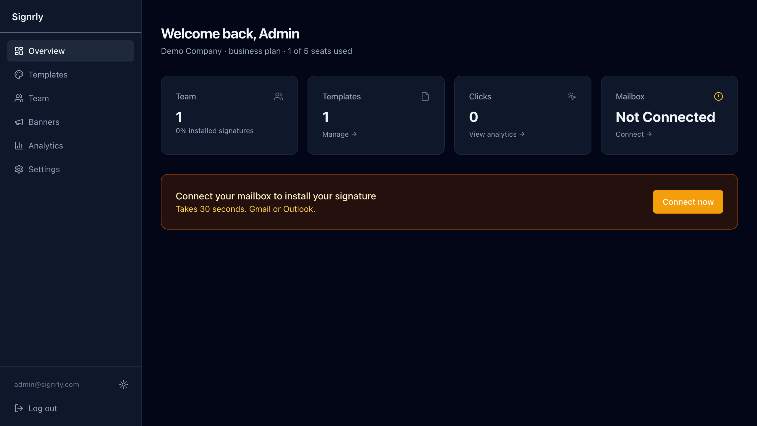Dashboard overview — signature stats and team summary