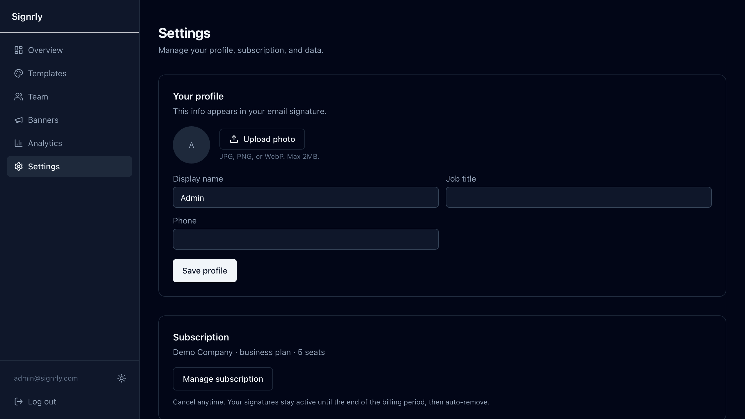 Settings — manage profile, subscription, and data export