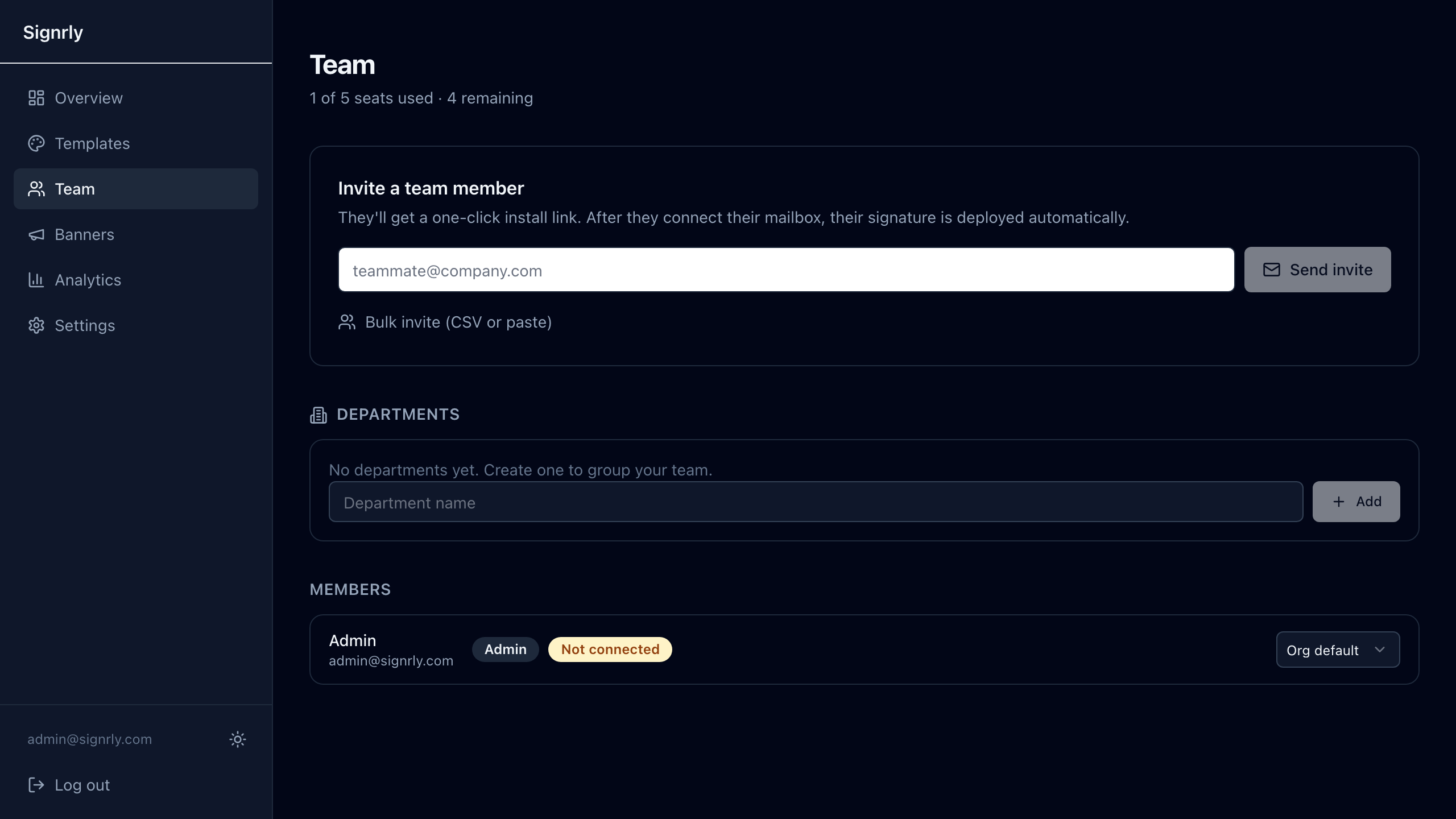 Team management — invite members, assign departments and templates