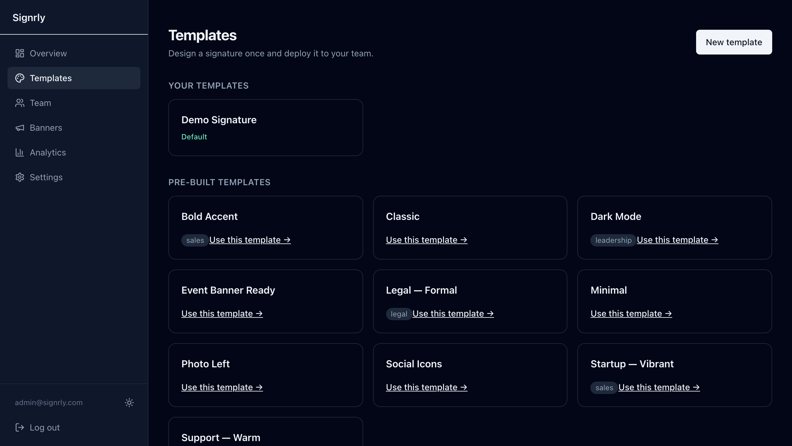 Template editor with drag-and-drop blocks and live preview